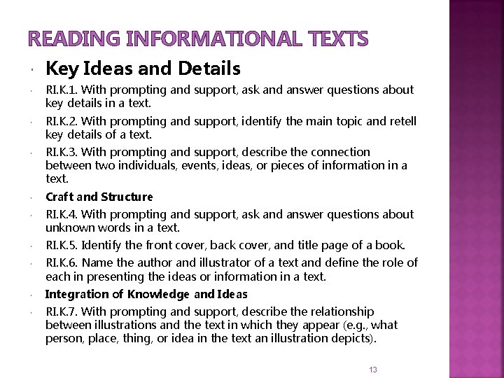 READING INFORMATIONAL TEXTS Key Ideas and Details RI. K. 1. With prompting and support,