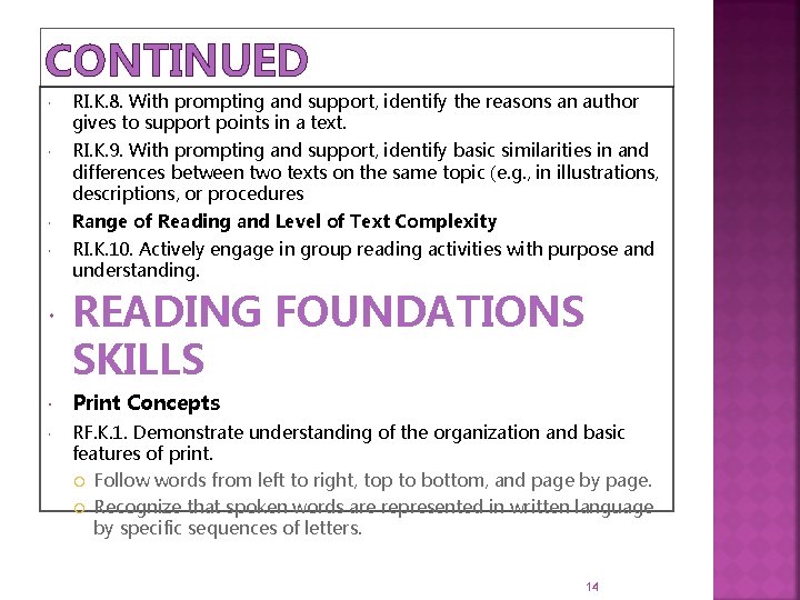 CONTINUED RI. K. 8. With prompting and support, identify the reasons an author gives