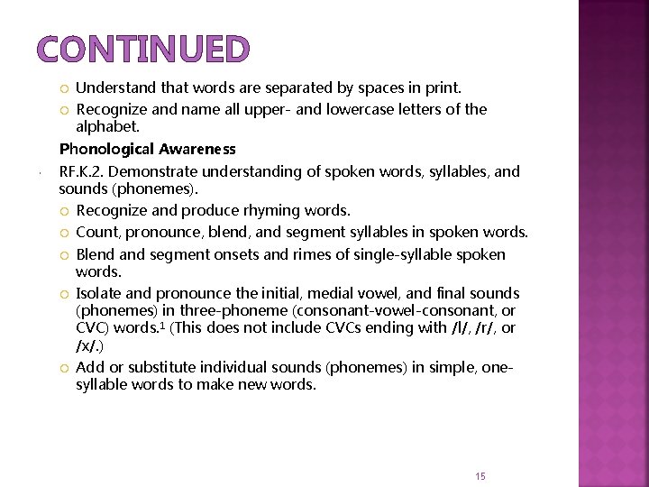 CONTINUED Understand that words are separated by spaces in print. Recognize and name all