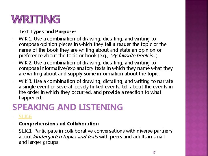 WRITING Text Types and Purposes W. K. 1. Use a combination of drawing, dictating,