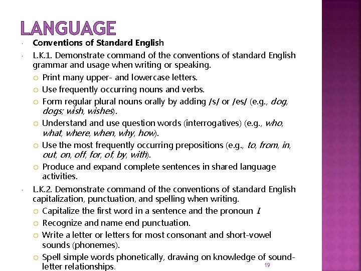 LANGUAGE Conventions of Standard English L. K. 1. Demonstrate command of the conventions of
