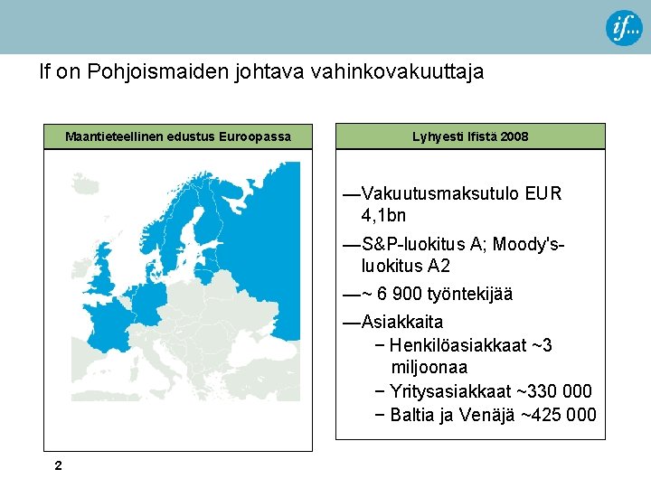 If on Pohjoismaiden johtava vahinkovakuuttaja Maantieteellinen edustus Euroopassa Lyhyesti Ifistä 2008 —Vakuutusmaksutulo EUR 4,