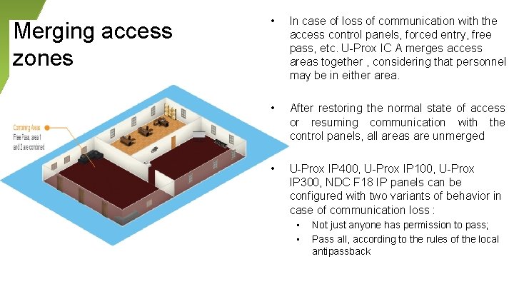 Merging access zones • In case of loss of communication with the access control