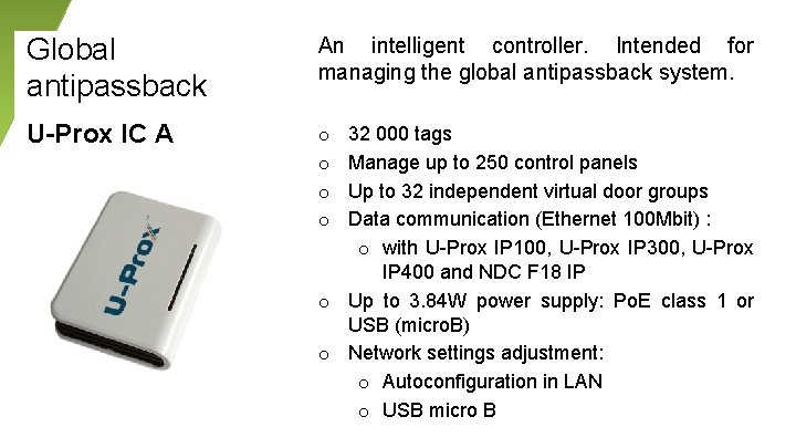 Global antipassback An intelligent controller. Intended for managing the global antipassback system. U-Prox IC