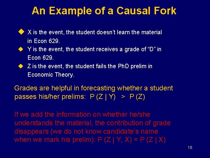 An Example of a Causal Fork u X is the event, the student doesn’t
