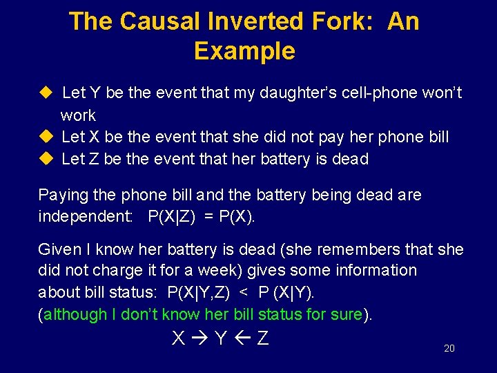 The Causal Inverted Fork: An Example u Let Y be the event that my