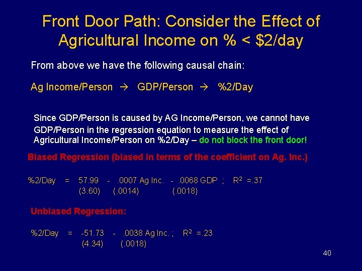 Front Door Path: Consider the Effect of Agricultural Income on % < $2/day From