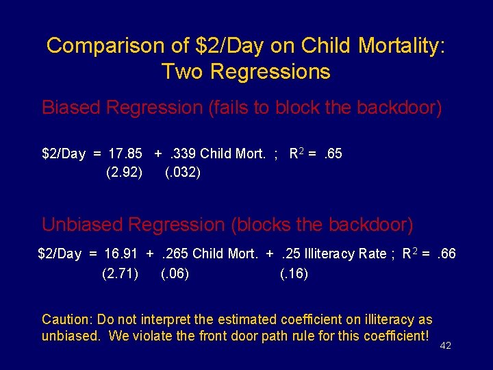 Comparison of $2/Day on Child Mortality: Two Regressions Biased Regression (fails to block the