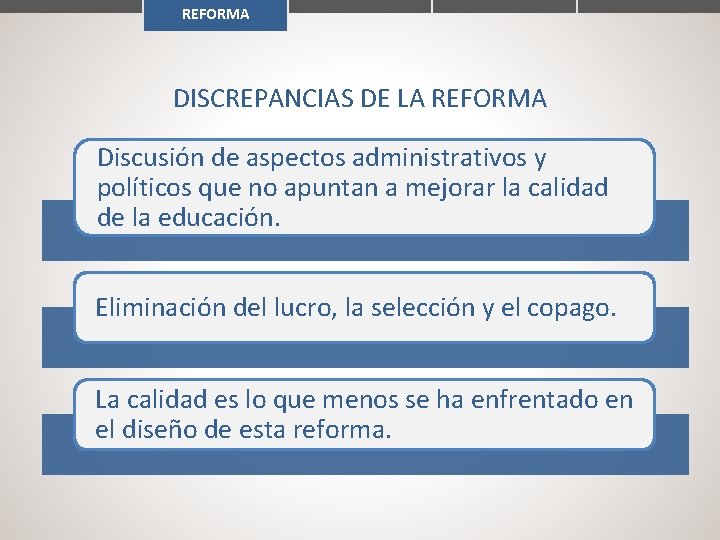 REFORMA DISCREPANCIAS DE LA REFORMA Discusión de aspectos administrativos y políticos que no apuntan