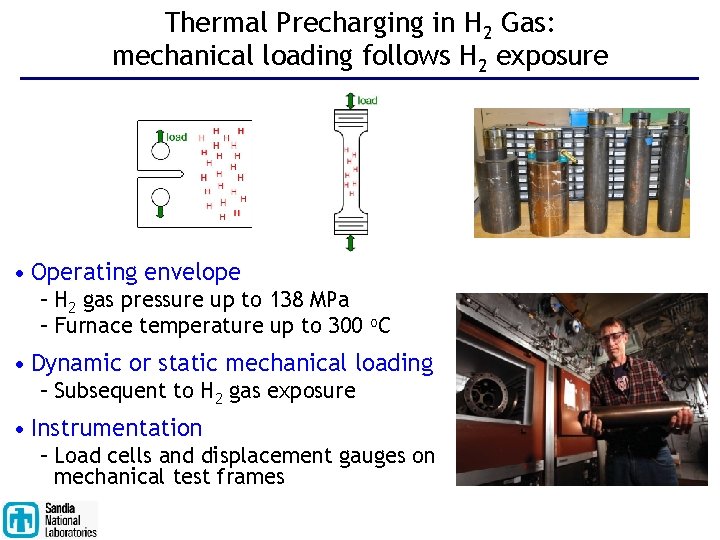 Thermal Precharging in H 2 Gas: mechanical loading follows H 2 exposure • Operating