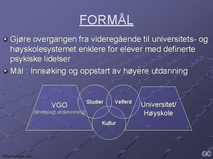 FORMÅL Gjøre overgangen fra videregående til universitets- og høyskolesystemet enklere for elever med definerte