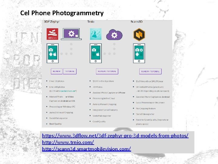 Cel Phone Photogrammetry https: //www. 3 dflow. net/3 df-zephyr-pro-3 d-models-from-photos/ http: //www. trnio. com/ Cel Phone Photogrammetry https: //www. 3 dflow. net/3 df-zephyr-pro-3 d-models-from-photos/ http: //www. trnio. com/