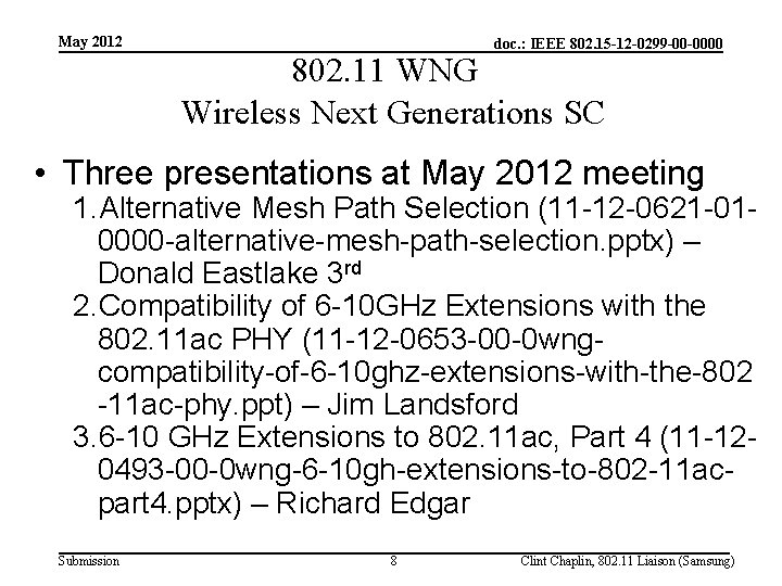 May 2012 doc. : IEEE 802. 15 -12 -0299 -00 -0000 802. 11 WNG