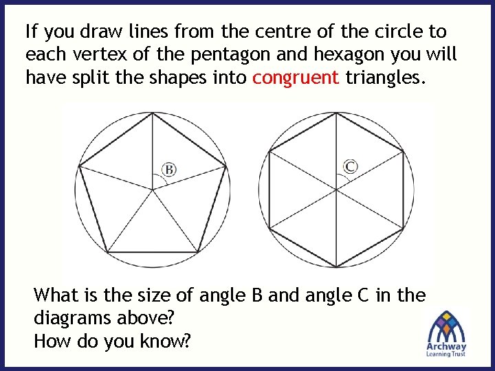If you draw lines from the centre of the circle to each vertex of