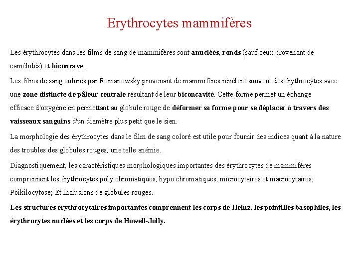 Erythrocytes mammifères Les érythrocytes dans les films de sang de mammifères sont anucléés, ronds