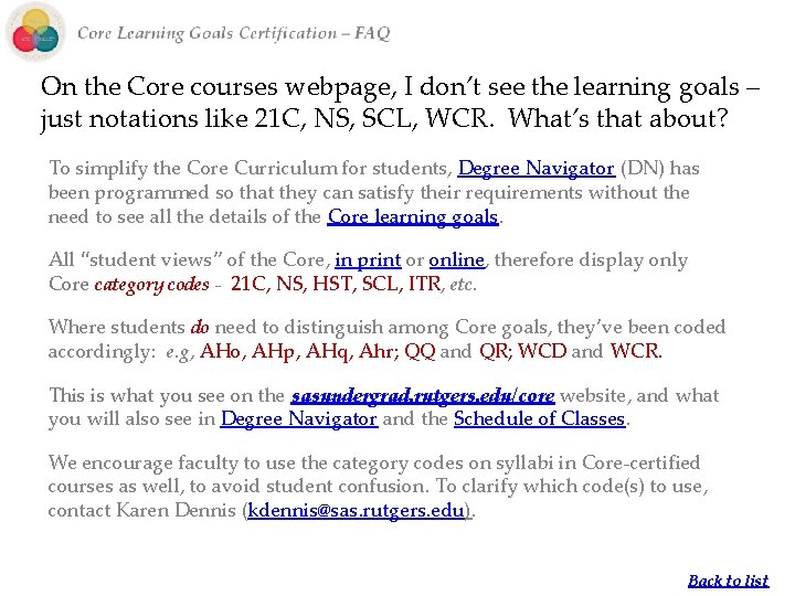On the Core courses webpage, I don’t see the learning goals – just notations On the Core courses webpage, I don’t see the learning goals – just notations