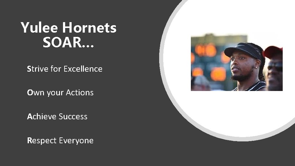 Yulee Hornets SOAR… Strive for Excellence Own your Actions Achieve Success Respect Everyone 