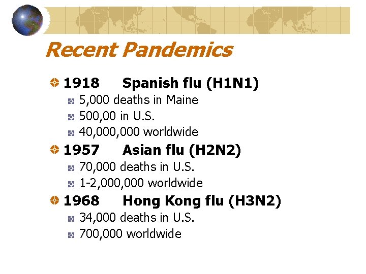 Recent Pandemics 1918 Spanish flu (H 1 N 1) 5, 000 deaths in Maine