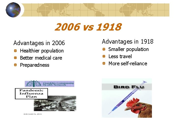 2006 vs 1918 Advantages in 2006 Healthier population Better medical care Preparedness Advantages in