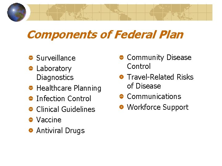 Components of Federal Plan Surveillance Laboratory Diagnostics Healthcare Planning Infection Control Clinical Guidelines Vaccine