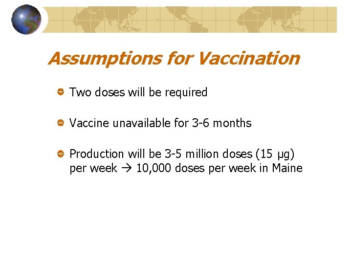 Assumptions for Vaccination Two doses will be required Vaccine unavailable for 3 -6 months