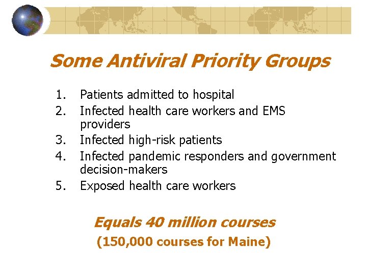 Some Antiviral Priority Groups 1. 2. 3. 4. 5. Patients admitted to hospital Infected