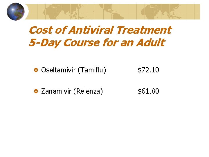 Cost of Antiviral Treatment 5 -Day Course for an Adult Oseltamivir (Tamiflu) $72. 10