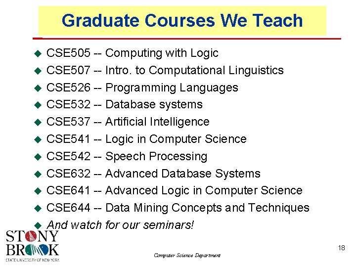 Graduate Courses We Teach CSE 505 -- Computing with Logic CSE 507 -- Intro.