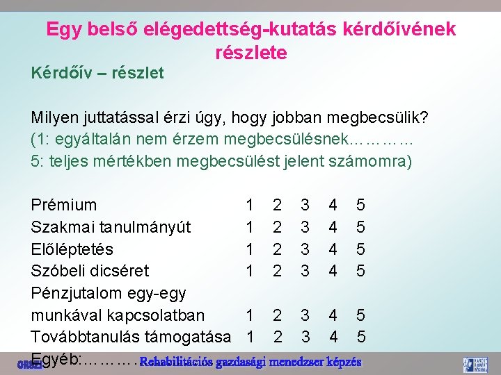 Egy belső elégedettség-kutatás kérdőívének részlete Kérdőív – részlet Milyen juttatással érzi úgy, hogy jobban