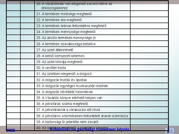 20. A vásárlóknak van elegendő zacskó kitéve az önkiszolgáláshoz 21. A termékek minősége megfelelő