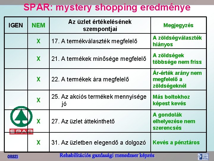 SPAR: mystery shopping eredménye IGEN NEM Az üzlet értékelésének szempontjai Megjegyzés X 17. A