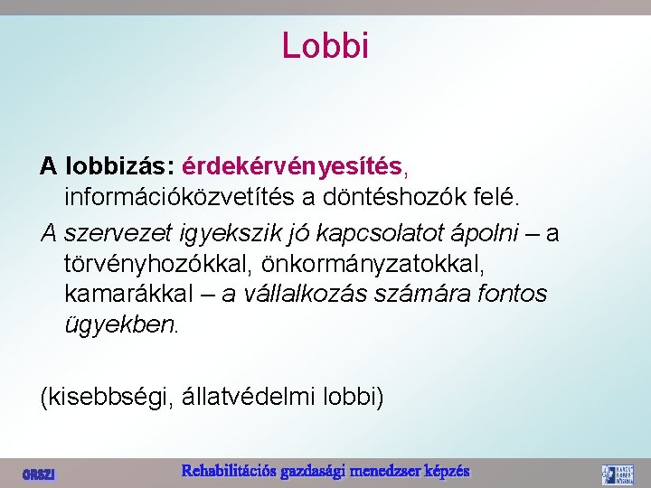 Lobbi A lobbizás: érdekérvényesítés, információközvetítés a döntéshozók felé. A szervezet igyekszik jó kapcsolatot ápolni