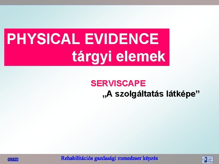 PHYSICAL EVIDENCE tárgyi elemek SERVISCAPE „A szolgáltatás látképe” 