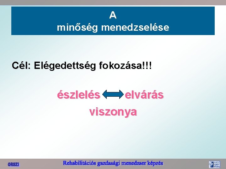 A minőség menedzselése Cél: Elégedettség fokozása!!! észlelés elvárás viszonya 