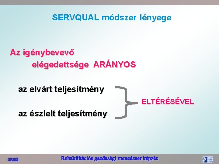 SERVQUAL módszer lényege Az igénybevevő elégedettsége ARÁNYOS az elvárt teljesítmény ELTÉRÉSÉVEL az észlelt teljesítmény