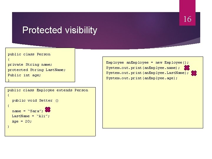 16 Protected visibility public class Person { private String name; protected String Last. Name;