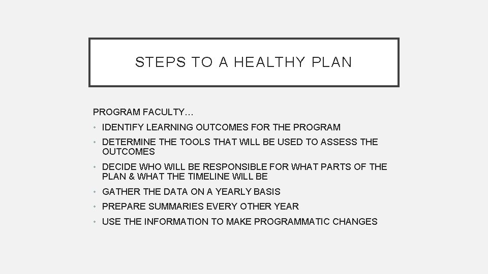 STEPS TO A HEALTHY PLAN PROGRAM FACULTY… • IDENTIFY LEARNING OUTCOMES FOR THE PROGRAM
