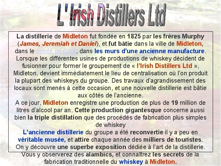 La distillerie de Midleton fut fondée en 1825 par les frères Murphy (James, Jeremiah