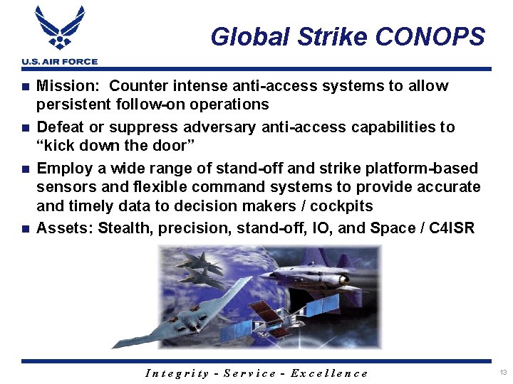 Global Strike CONOPS Mission: Counter intense anti-access systems to allow persistent follow-on operations n