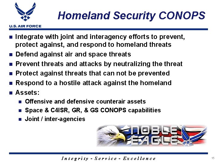 Homeland Security CONOPS n n n Integrate with joint and interagency efforts to prevent,