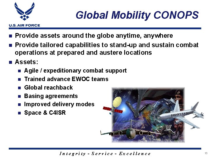 Global Mobility CONOPS Provide assets around the globe anytime, anywhere n Provide tailored capabilities