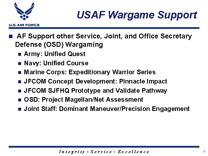 USAF Wargame Support n AF Support other Service, Joint, and Office Secretary Defense (OSD)