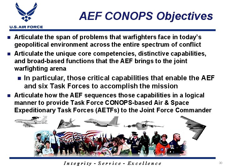 AEF CONOPS Objectives Articulate the span of problems that warfighters face in today’s geopolitical