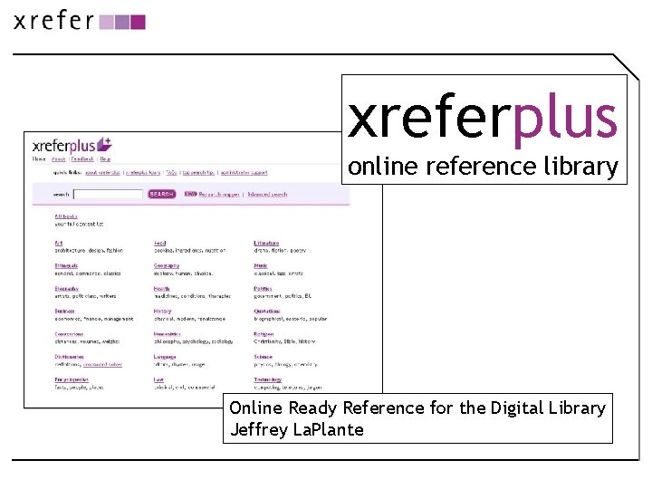 xreferplus online reference library Online Ready Reference for the Digital Library Jeffrey La. Plante