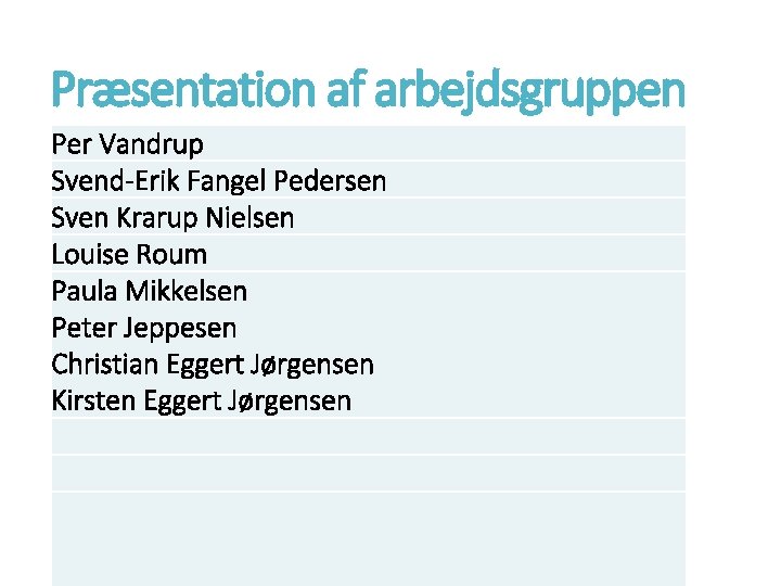 Præsentation af arbejdsgruppen Per Vandrup Svend-Erik Fangel Pedersen Sven Krarup Nielsen Louise Roum Paula