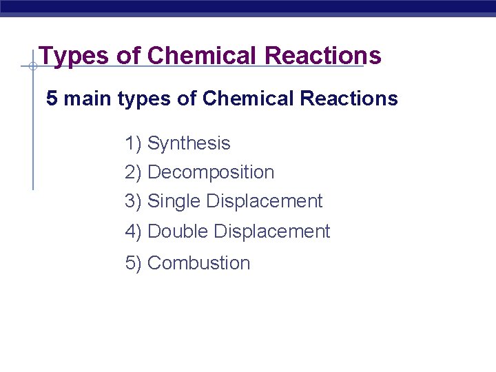 Types of Chemical Reactions 5 main types of Chemical Reactions 1) Synthesis 2) Decomposition