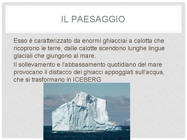 IL PAESAGGIO Esso è caratterizzato da enormi ghiacciai a calotta che ricoprono le terre,