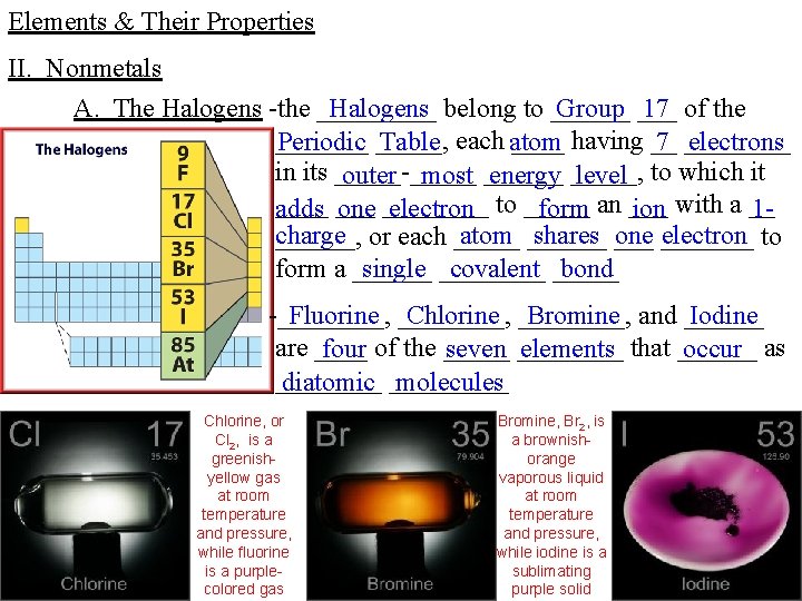 Elements & Their Properties II. Nonmetals A. The Halogens -the _____ Halogens belong to