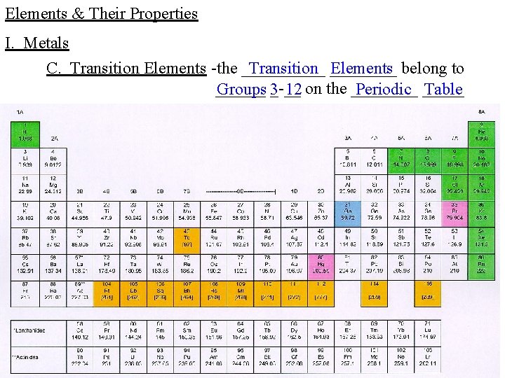Elements & Their Properties I. Metals C. Transition Elements -the _____ Transition ____ Elements