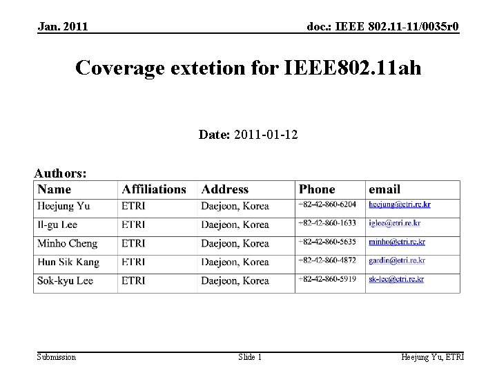 Jan. 2011 doc. : IEEE 802. 11 -11/0035 r 0 Coverage extetion for IEEE